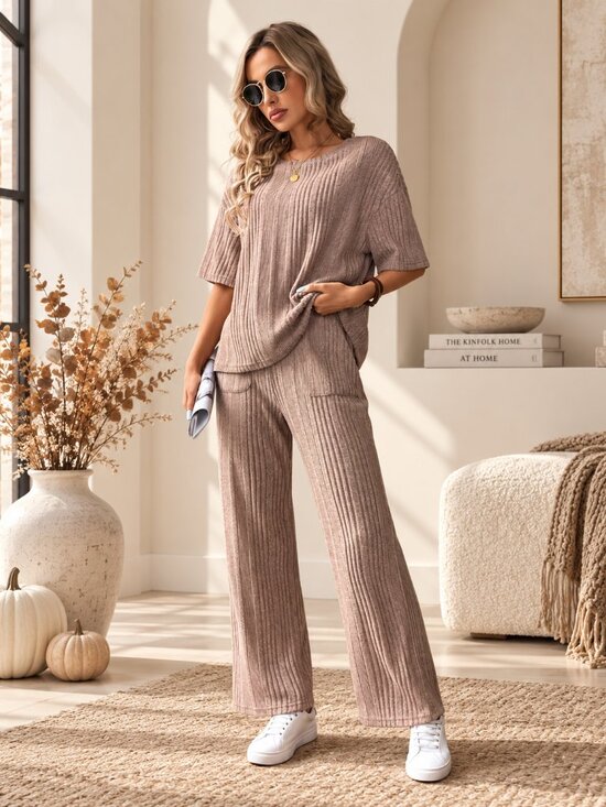 SHEIN Pants - Apricot Ribbed Lounge Set Wide Leg Pants Size Large